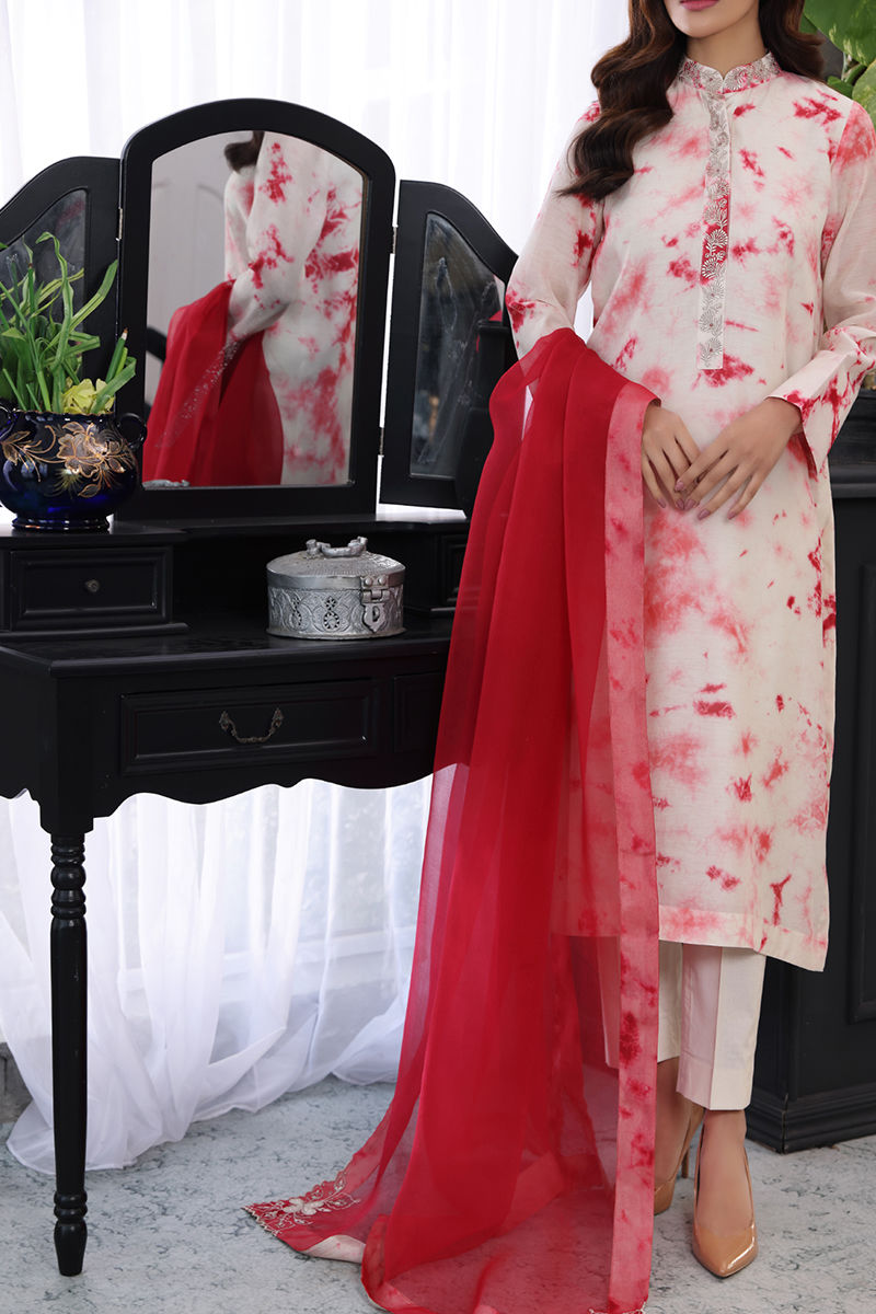 Red Ivory Tie-Dye Organza Silk Salwar Kameez (3-Piece) - Image 1