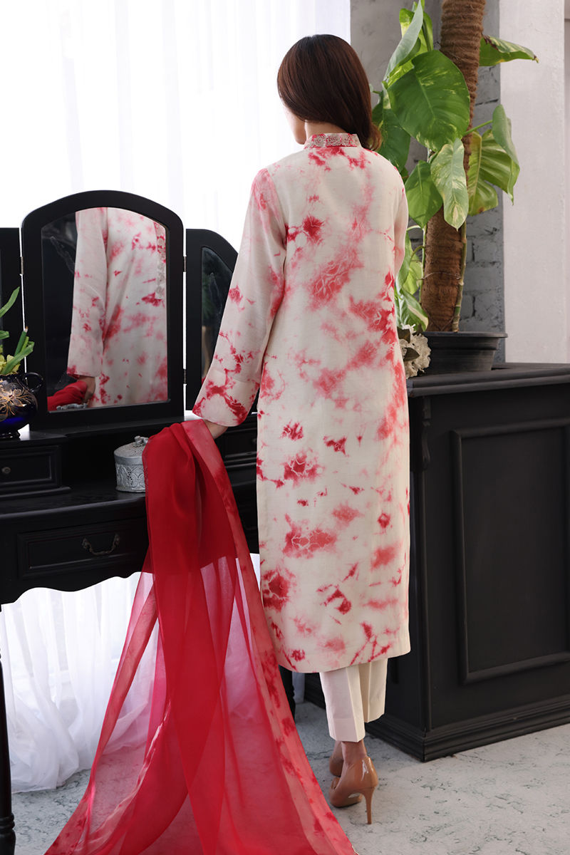 Red Ivory Tie-Dye Organza Silk Salwar Kameez (3-Piece) - Image 3