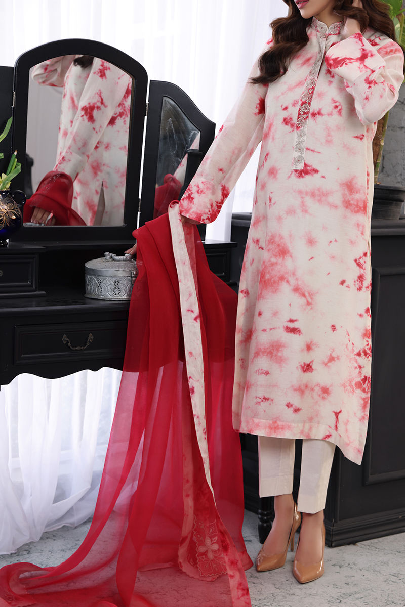 Red Ivory Tie-Dye Organza Silk Salwar Kameez (3-Piece) - Image 4
