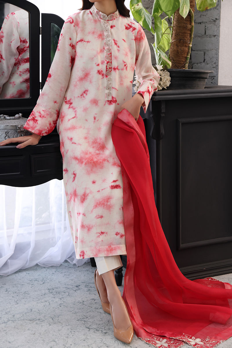 Red Ivory Tie-Dye Organza Silk Salwar Kameez (3-Piece) - Image 5