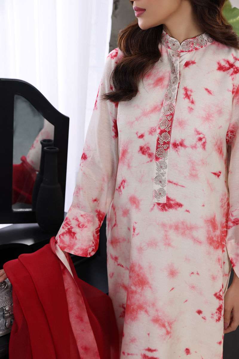 Red Ivory Tie-Dye Organza Silk Salwar Kameez (3-Piece) - Image 6