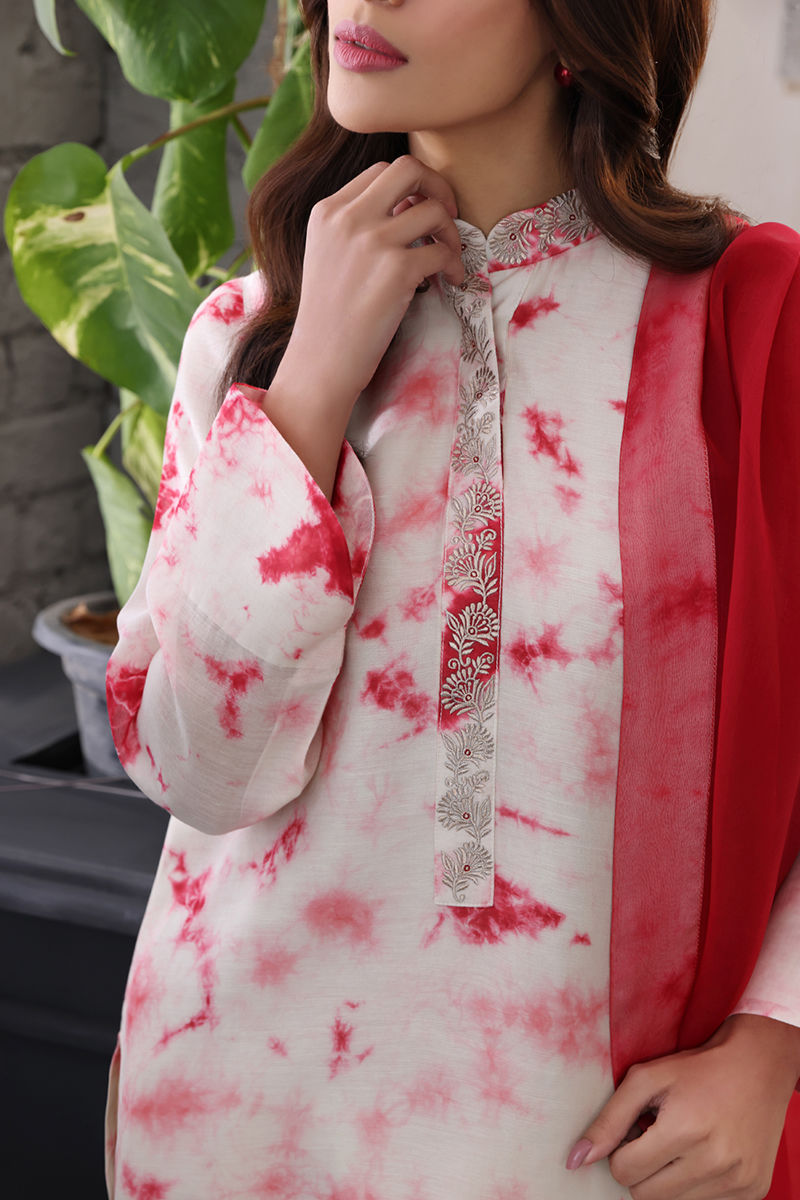 Red Ivory Tie-Dye Organza Silk Salwar Kameez (3-Piece) - Image 7