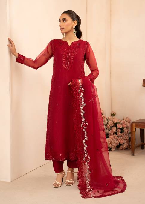 Pakistani Red Sequin Embroidered Organza Kurta Set (3-Piece) - Image 2