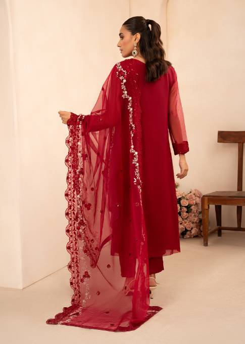 Pakistani Red Sequin Embroidered Organza Kurta Set (3-Piece) - Image 3
