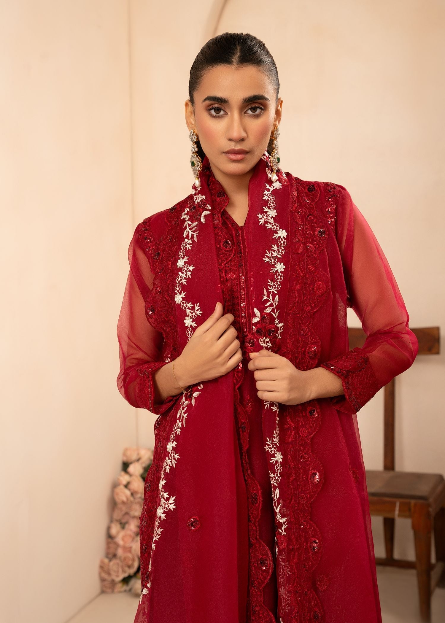 Pakistani Red Sequin Embroidered Organza Kurta Set (3-Piece) - Image 5