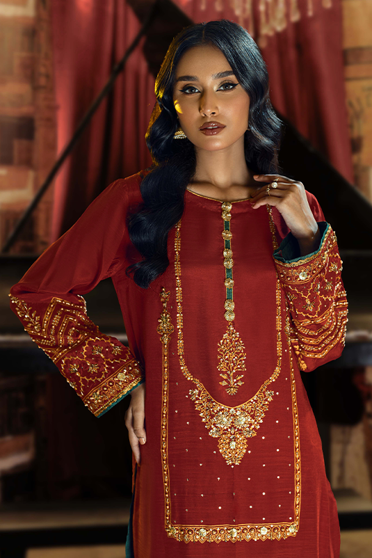 Red Embroidered PK Raw Silk Straight Suit (3-Piece) - Image 1