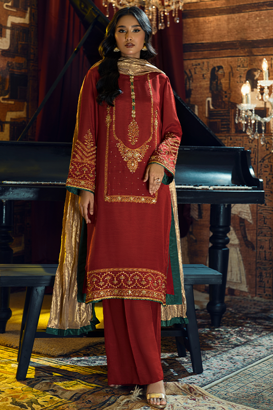 Red Embroidered PK Raw Silk Straight Suit (3-Piece) - Image 2