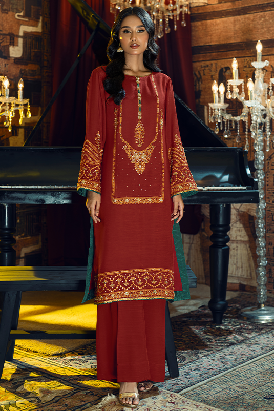 Red Embroidered PK Raw Silk Straight Suit (3-Piece) - Image 3