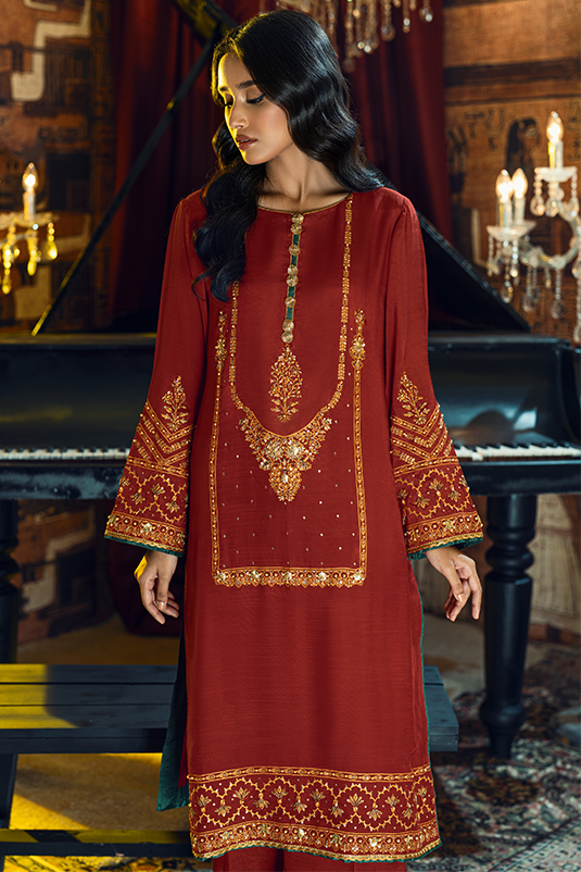 Red Embroidered PK Raw Silk Straight Suit (3-Piece) - Image 4