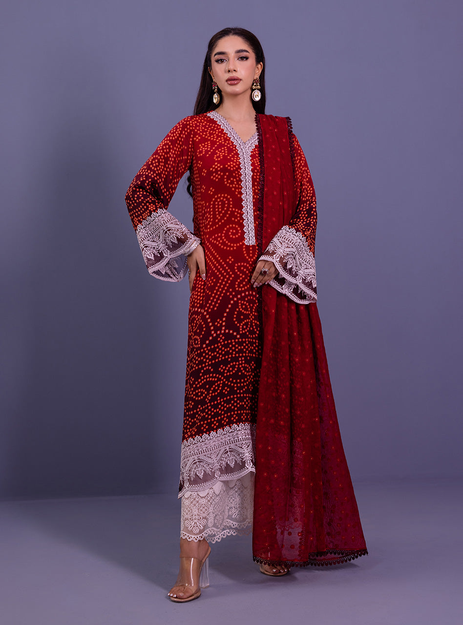 Pakistani Red Chunri Print Silk Salwar Kameez (3-Piece) - Image 1
