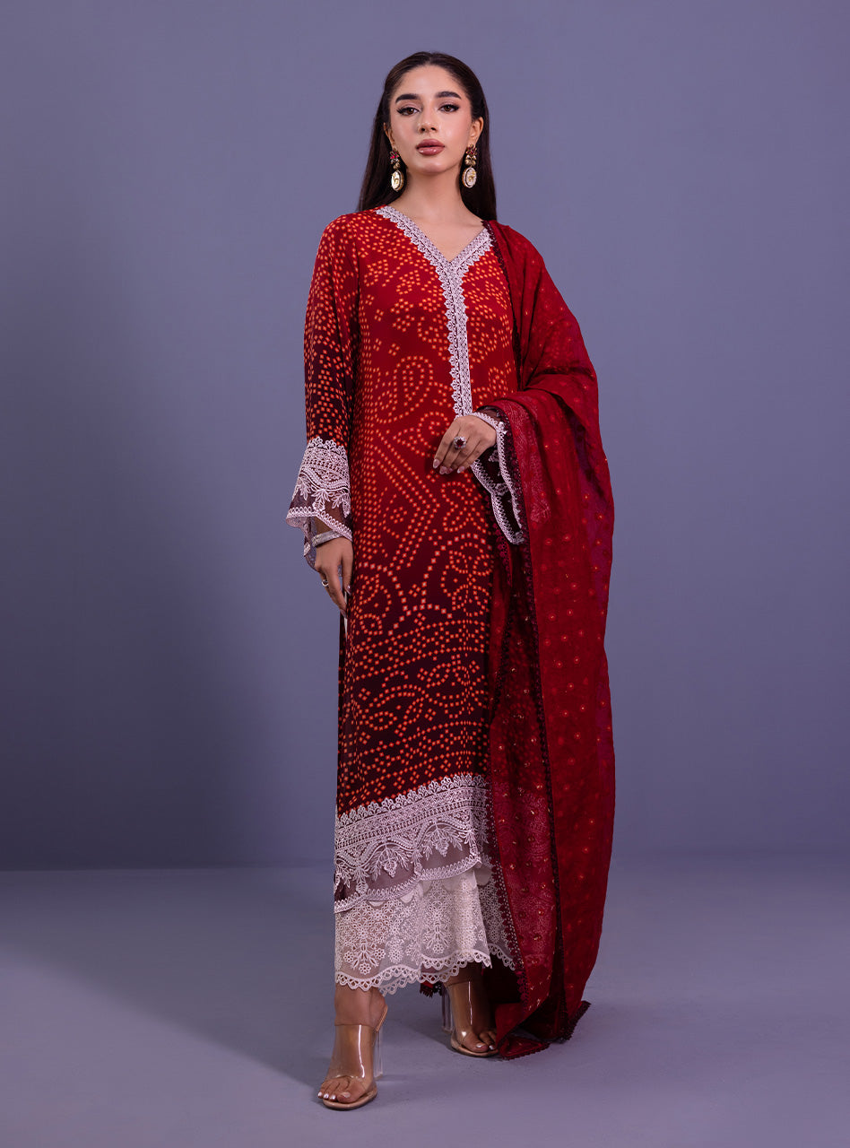 Pakistani Red Chunri Print Silk Salwar Kameez (3-Piece) - Image 2