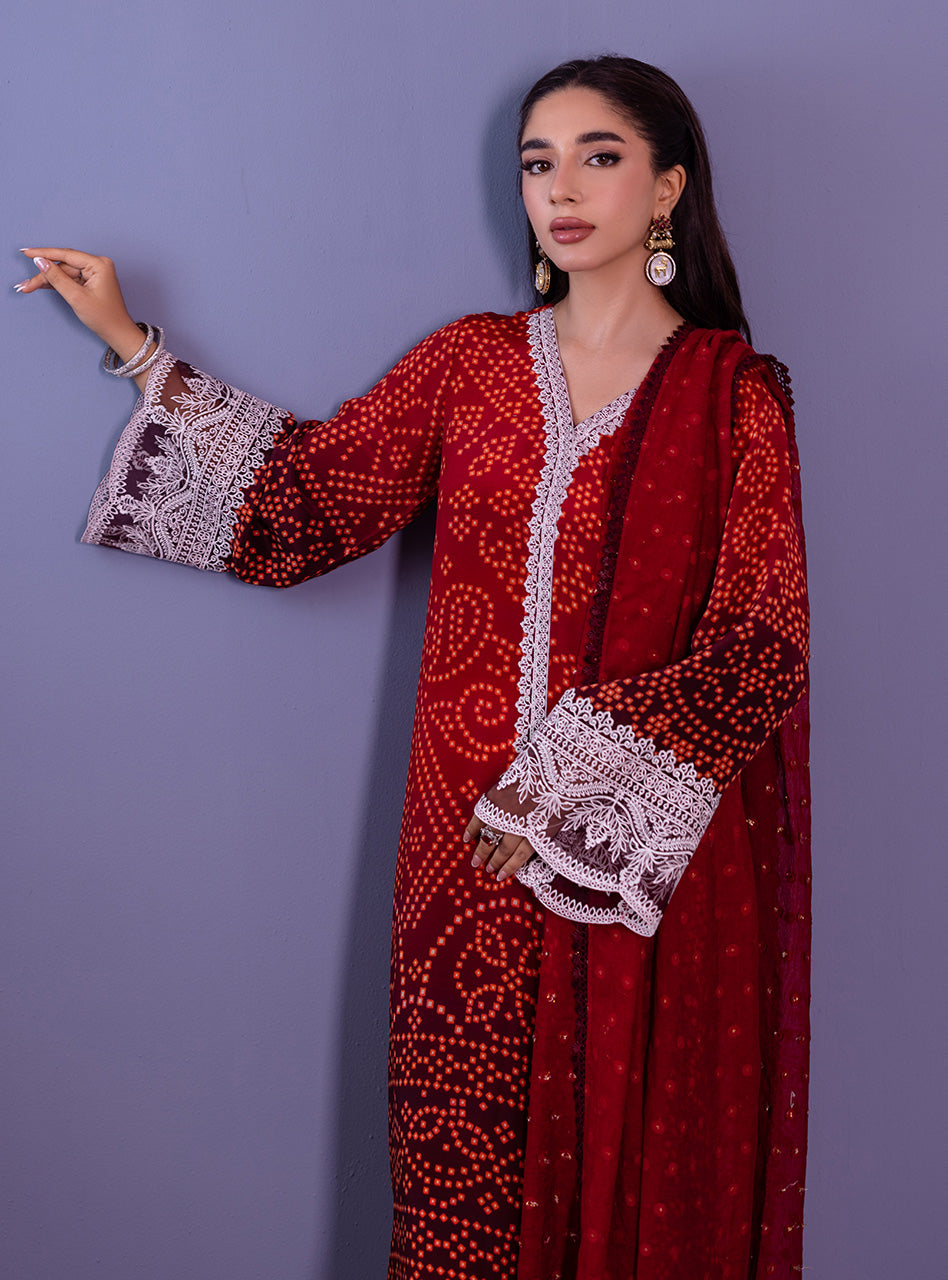 Pakistani Red Chunri Print Silk Salwar Kameez (3-Piece) - Image 4