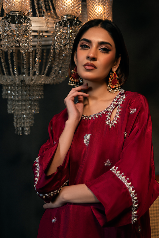 Raspberry Embellished Ramon Silk Salwar Kameez (2-Piece) - Image 1