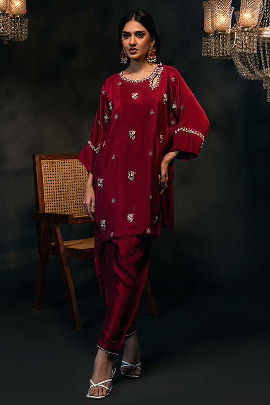 Raspberry Embellished Ramon Silk Salwar Kameez (2-Piece) - Image 3