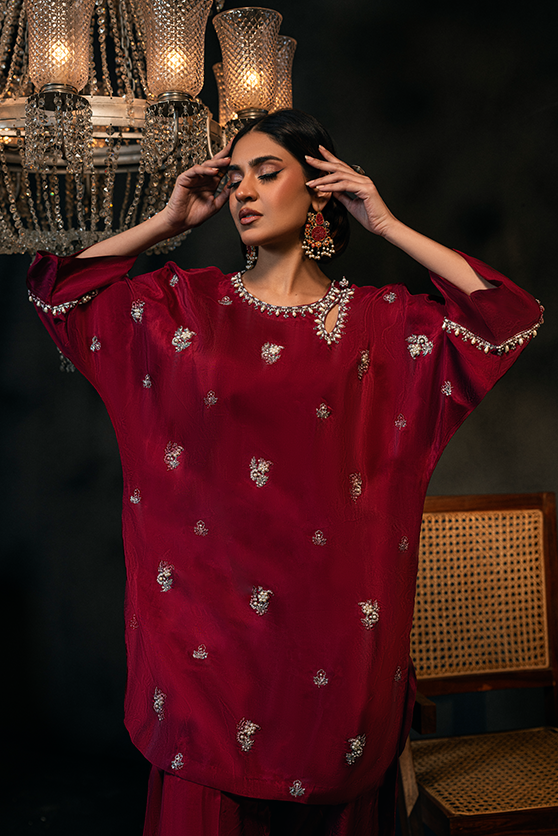 Raspberry Embellished Ramon Silk Salwar Kameez (2-Piece) - Image 4