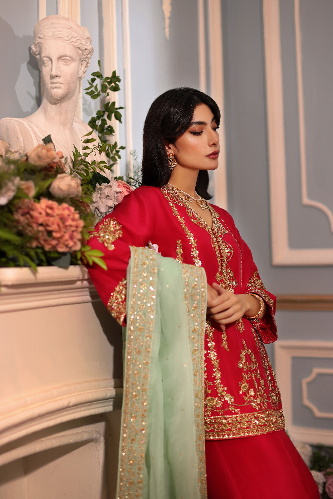 Pakistani Red Hand Ada Embroidered Raw Silk Salwar Kameez (3-Piece) - Image 1