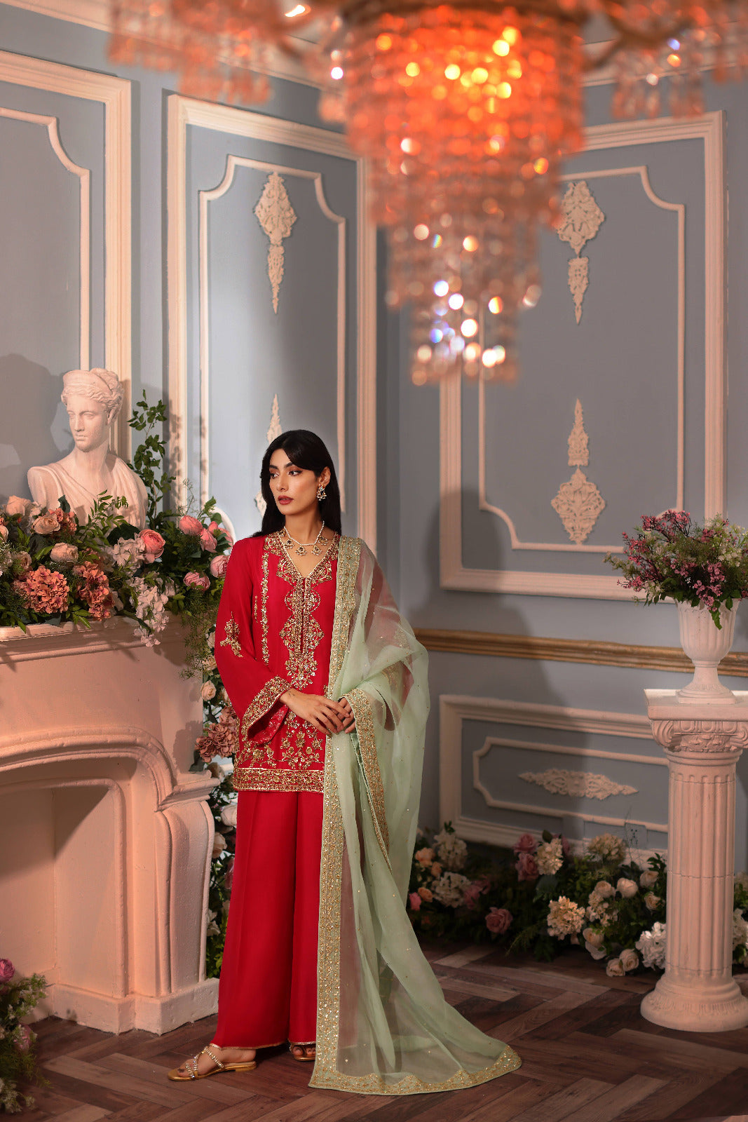 Pakistani Red Hand Ada Embroidered Raw Silk Salwar Kameez (3-Piece) - Image 2