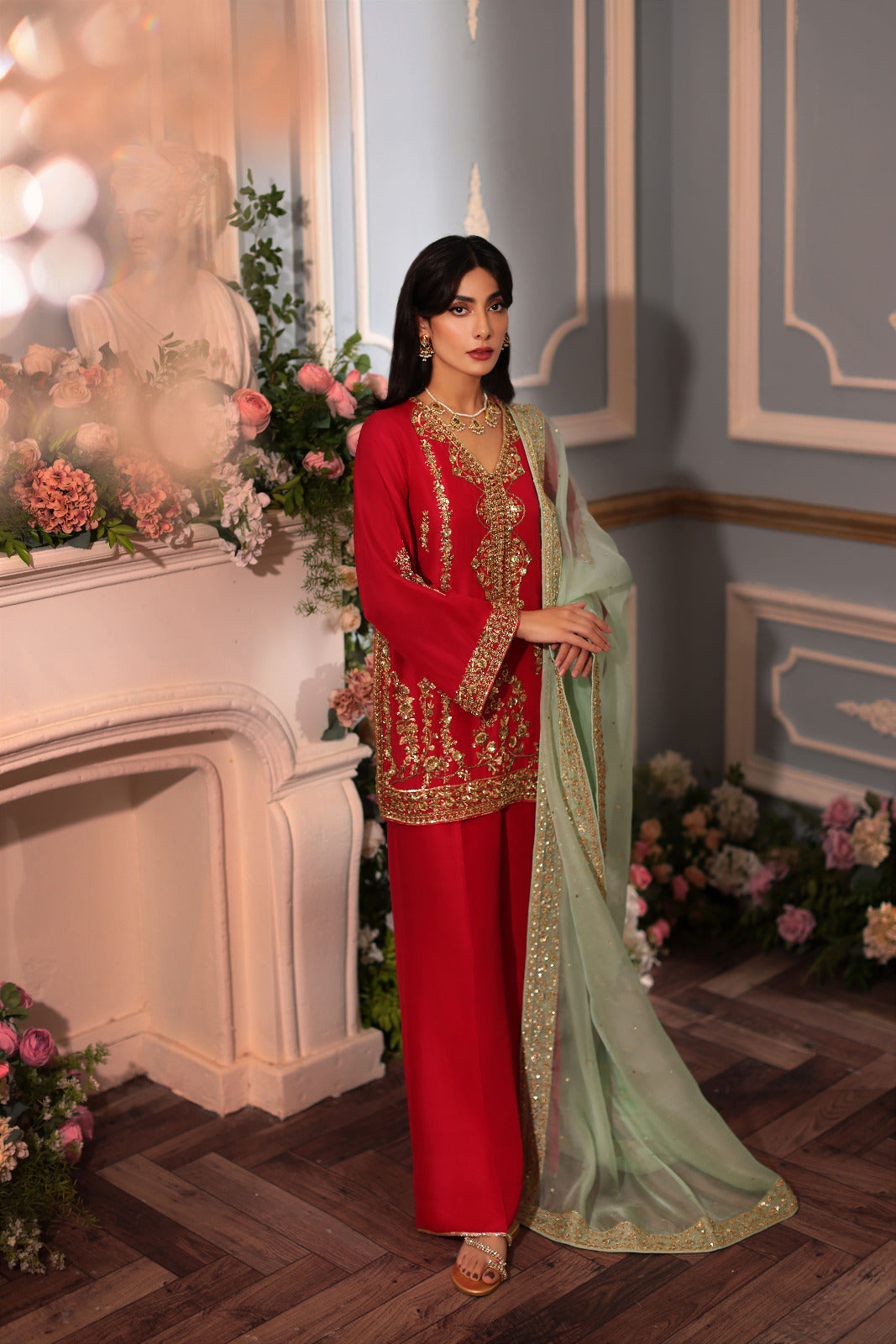 Pakistani Red Hand Ada Embroidered Raw Silk Salwar Kameez (3-Piece) - Image 3