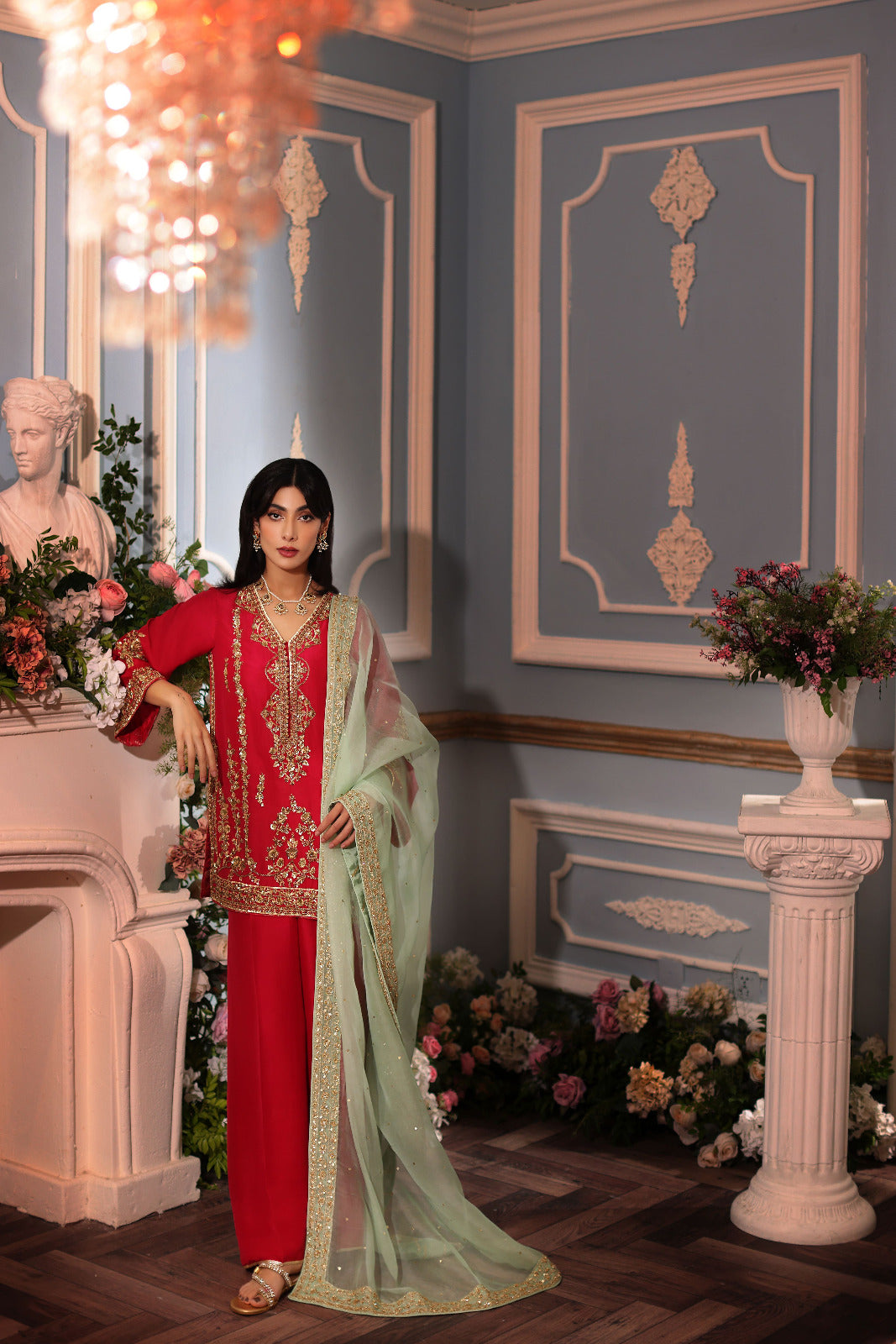 Pakistani Red Hand Ada Embroidered Raw Silk Salwar Kameez (3-Piece) - Image 4