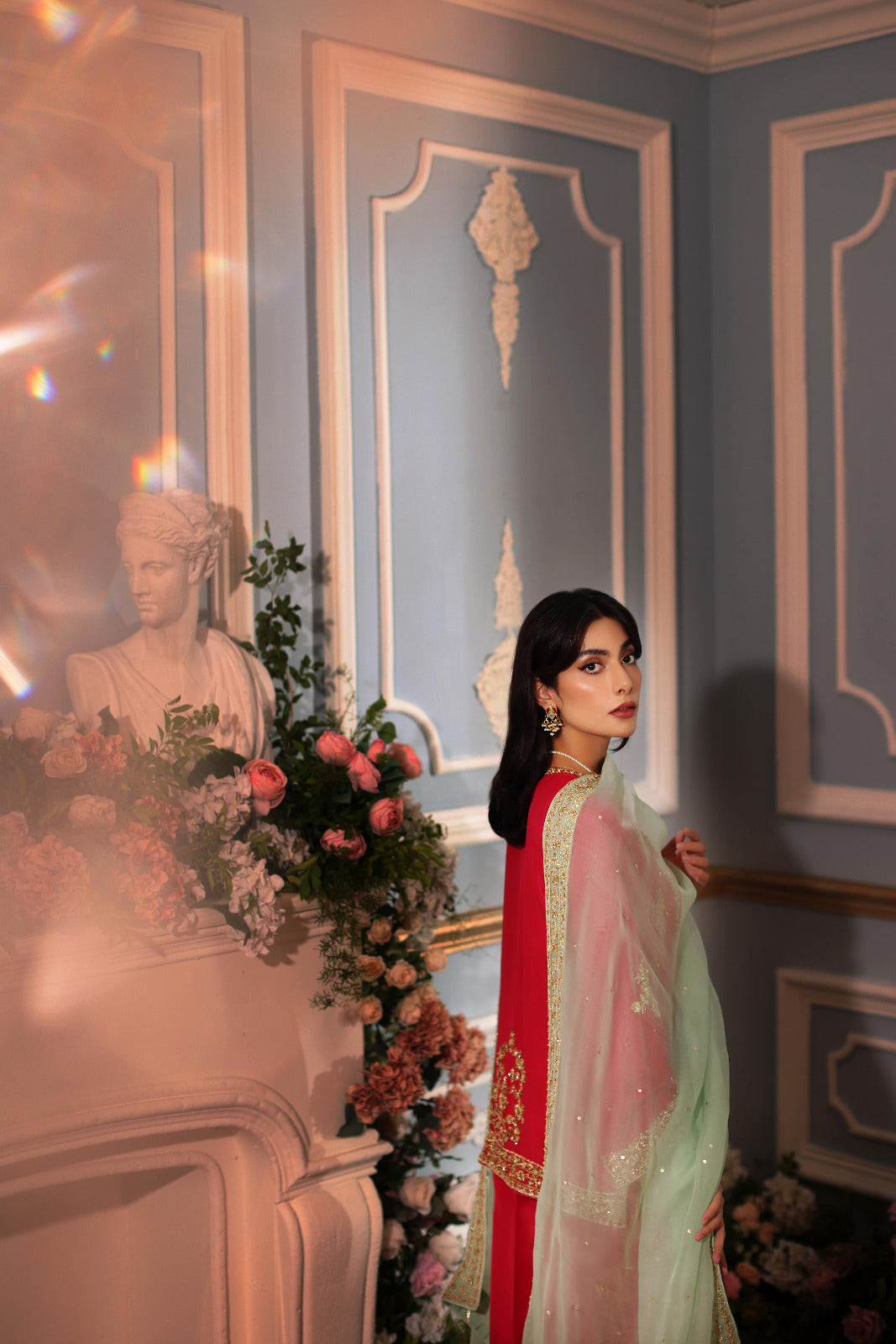 Pakistani Red Hand Ada Embroidered Raw Silk Salwar Kameez (3-Piece) - Image 5