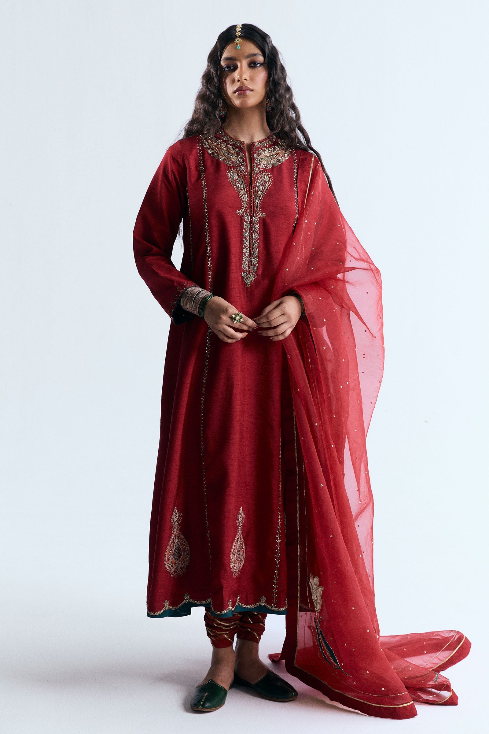 Pakistani Red Adda Work Korean Raw Silk Salwar Kameez (3-Piece) - Image 1