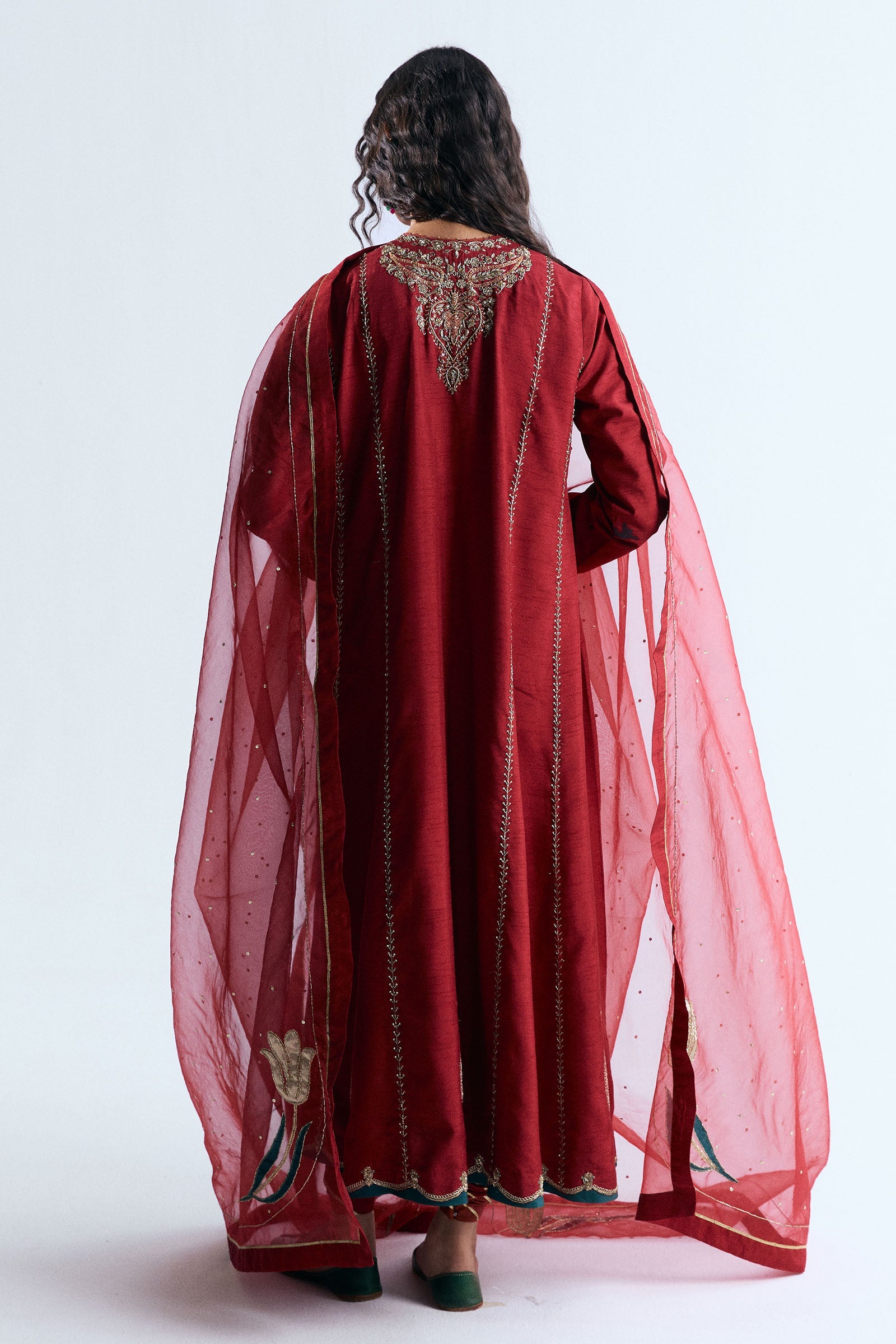 Pakistani Red Adda Work Korean Raw Silk Salwar Kameez (3-Piece) - Image 2