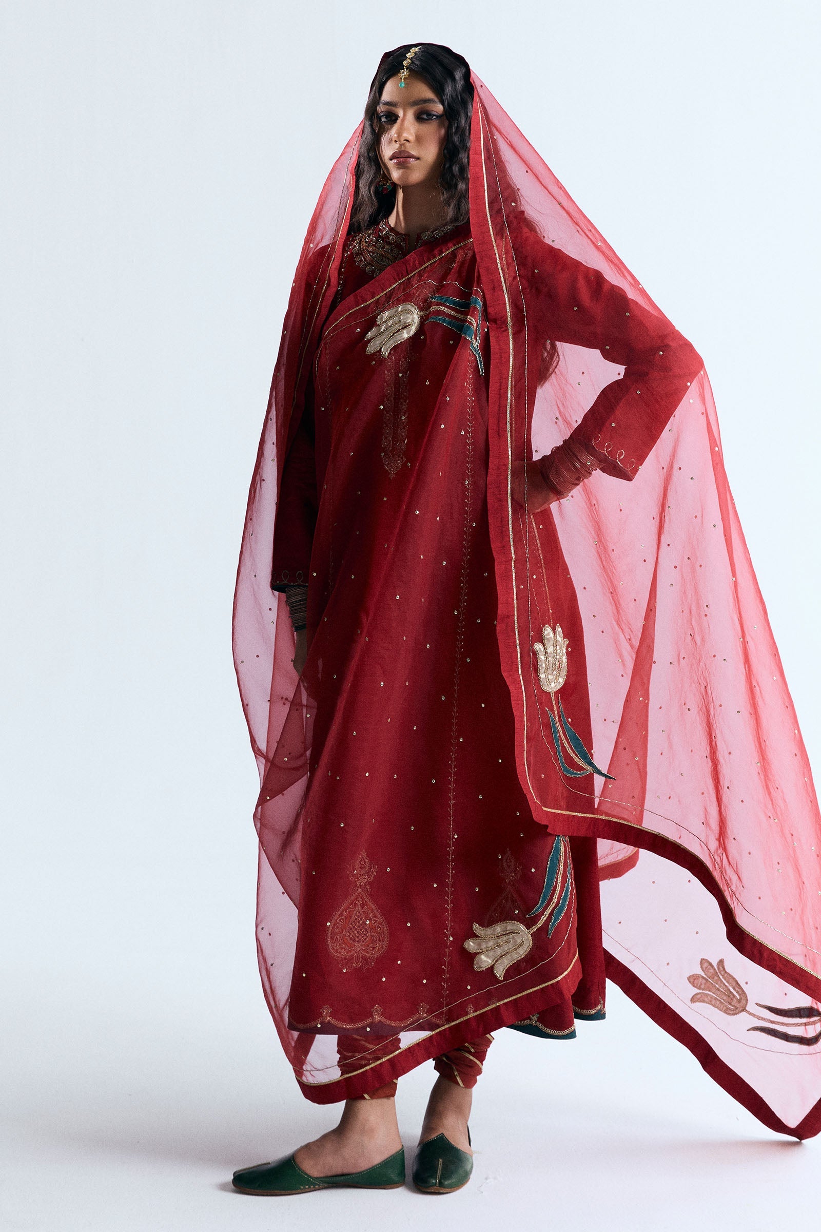 Pakistani Red Adda Work Korean Raw Silk Salwar Kameez (3-Piece) - Image 3