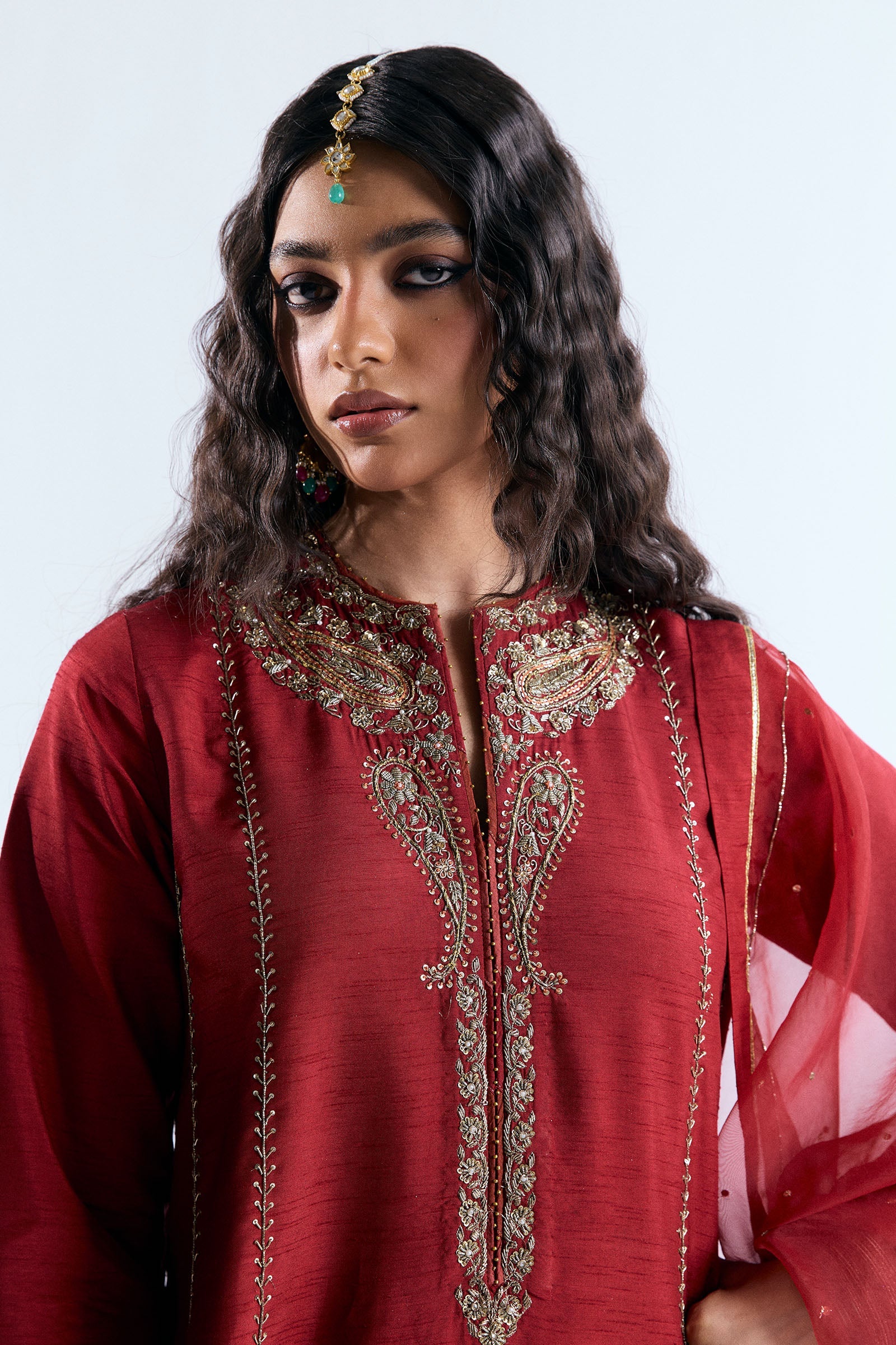 Pakistani Red Adda Work Korean Raw Silk Salwar Kameez (3-Piece) - Image 4