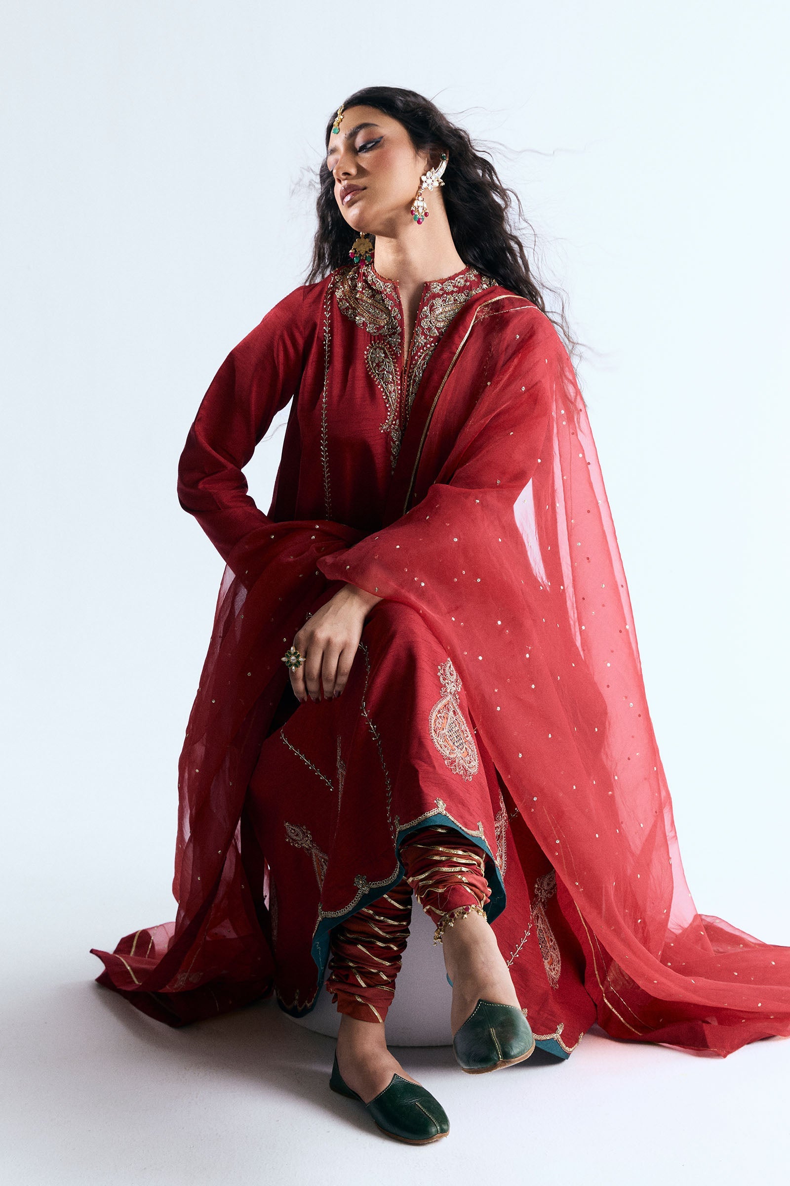 Pakistani Red Adda Work Korean Raw Silk Salwar Kameez (3-Piece) - Image 5