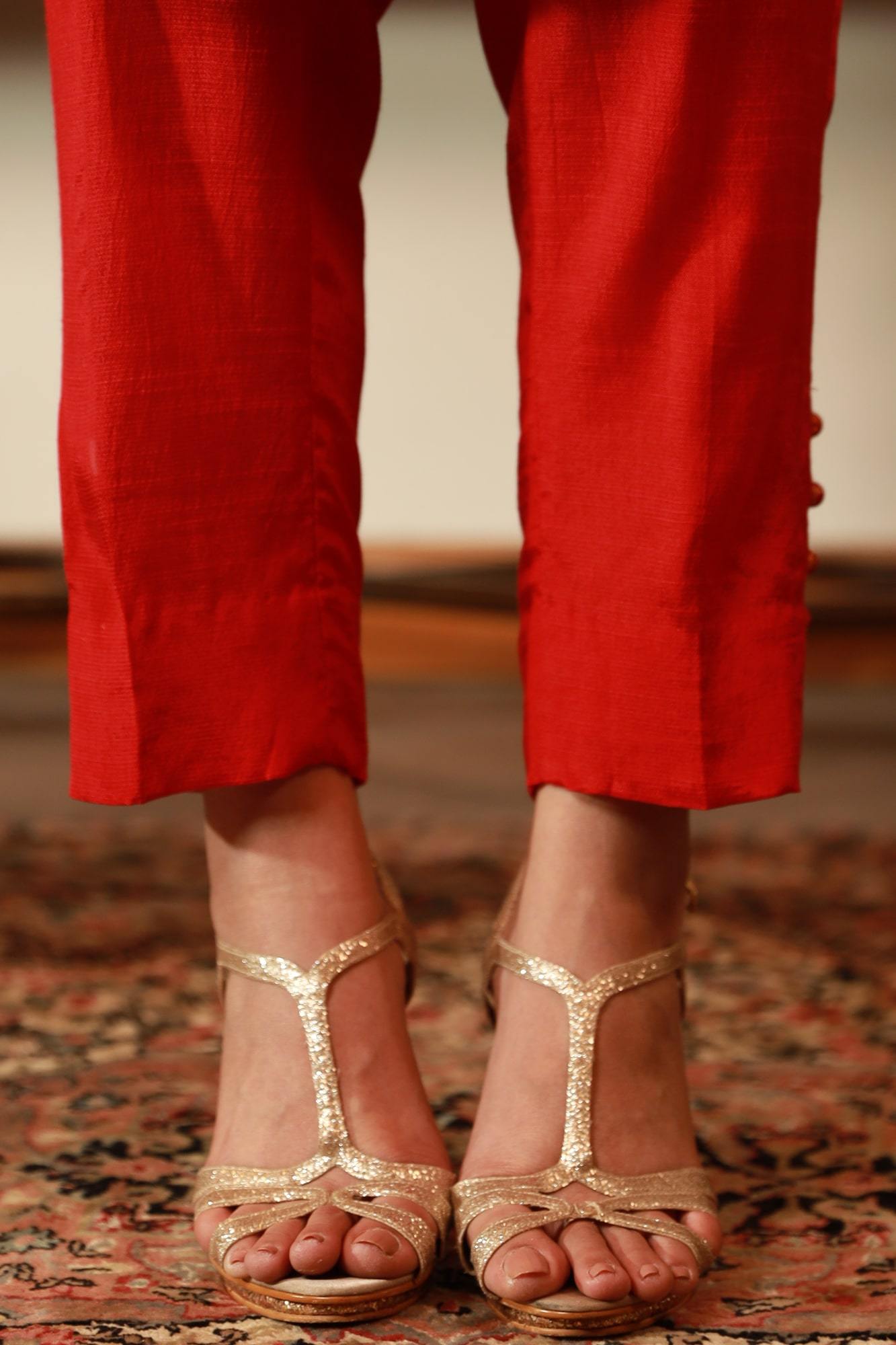 Pakistani Red & Brown Embroidered Raw Silk and Net Suit (3-Piece) - Image 1