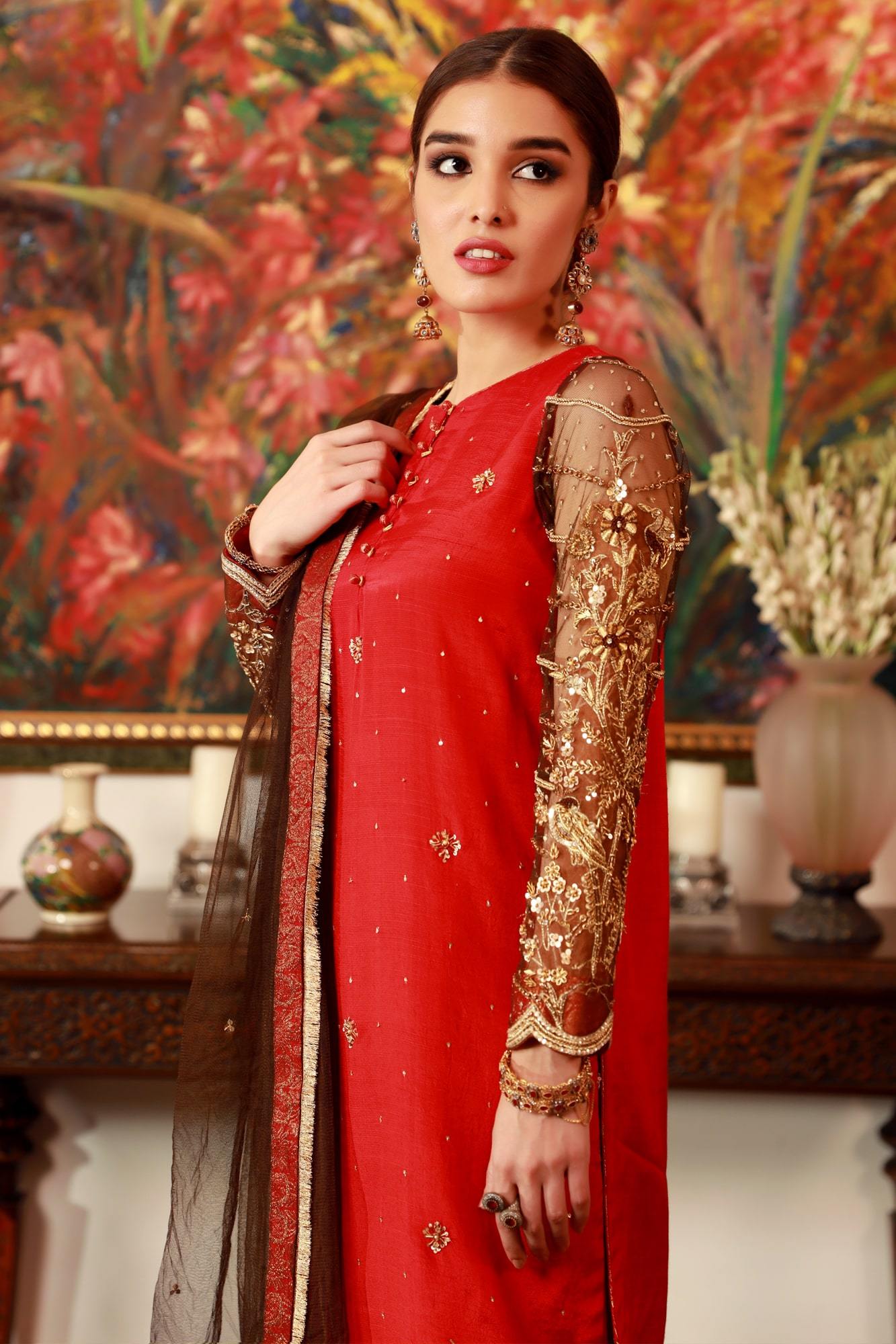 Pakistani Red & Brown Embroidered Raw Silk and Net Suit (3-Piece) - Image 3