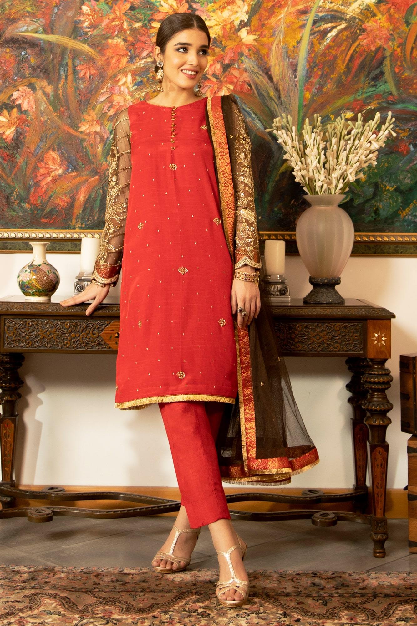 Pakistani Red & Brown Embroidered Raw Silk and Net Suit (3-Piece) - Image 5