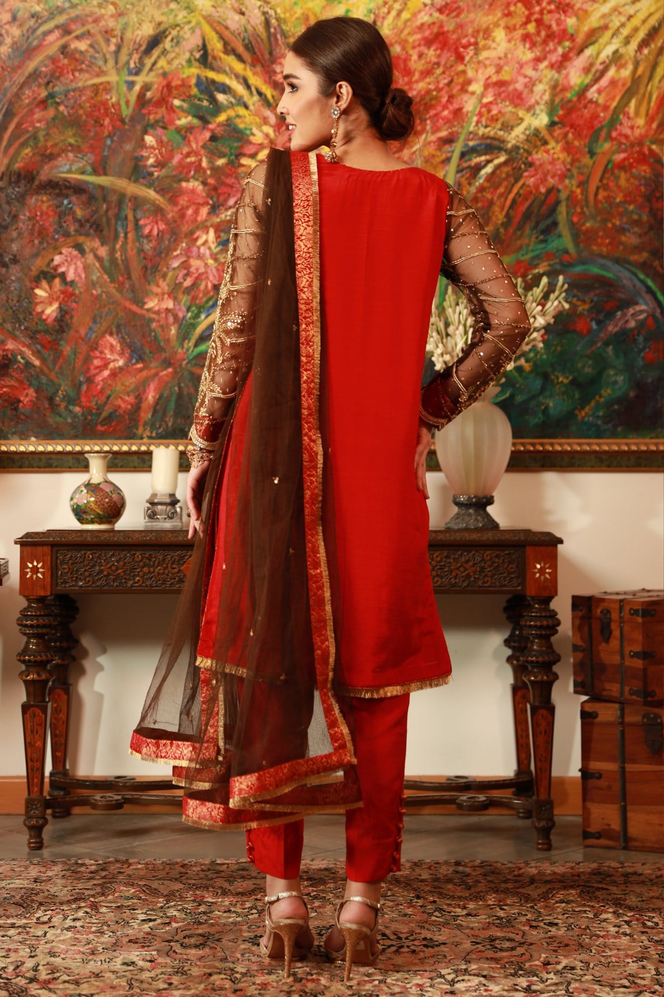 Pakistani Red & Brown Embroidered Raw Silk and Net Suit (3-Piece) - Image 6
