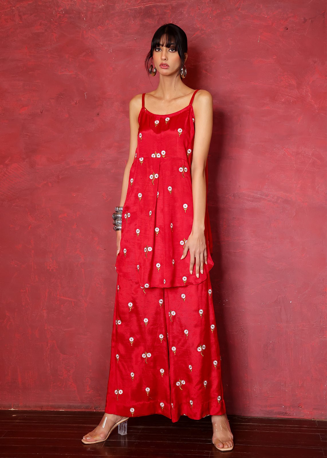 Pakistani Red Chikan Embroidered Raw Silk Kurta (2-Piece) - Image 1