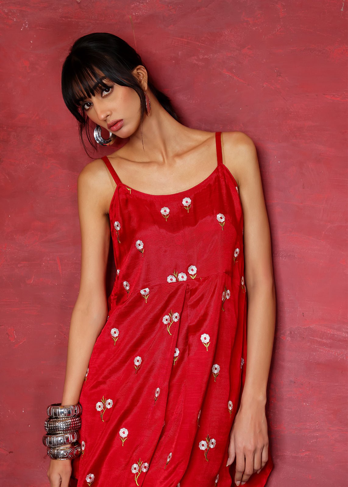 Pakistani Red Chikan Embroidered Raw Silk Kurta (2-Piece) - Image 2