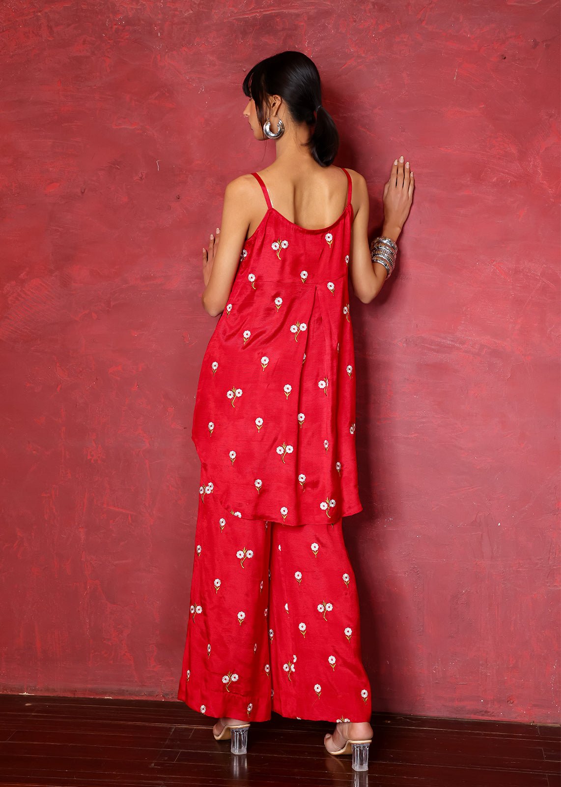 Pakistani Red Chikan Embroidered Raw Silk Kurta (2-Piece) - Image 3