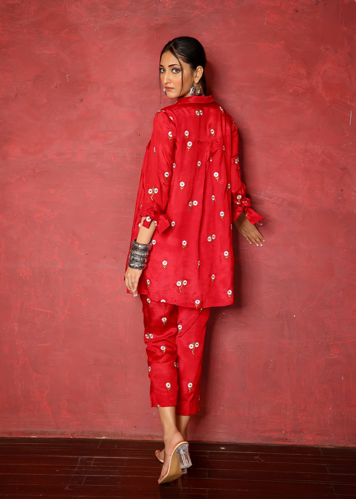 Pakistani Red Chikan Embroidered Raw Silk Kurta (2-Piece) - Image 3