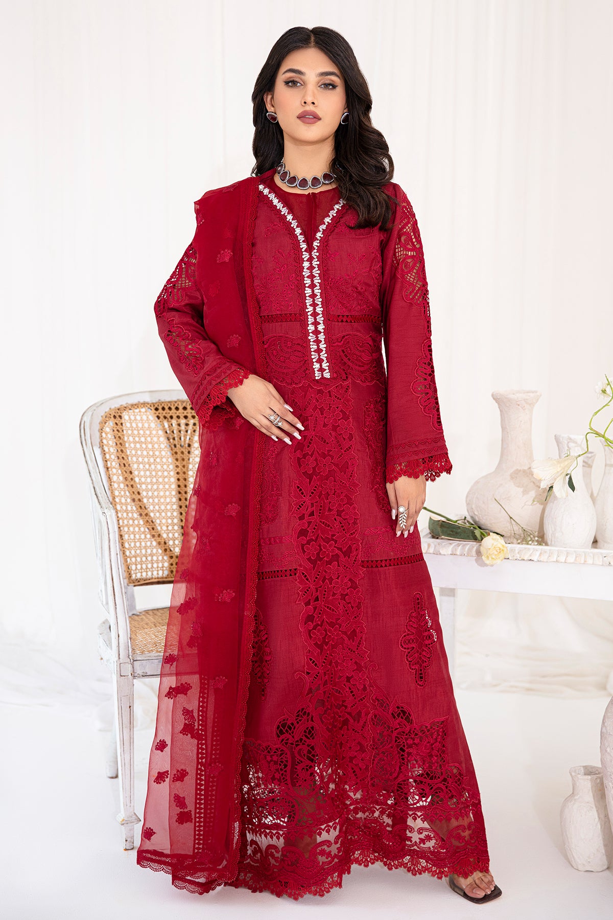 Pakistani Deep Red Embroidered Korean Raw Silk Salwar Kameez (3-Piece) - Image 1