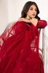 Pakistani Deep Red Embroidered Korean Raw Silk Salwar Kameez (3-Piece) - Image 4