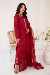 Pakistani Deep Red Embroidered Korean Raw Silk Salwar Kameez (3-Piece) - Image 5
