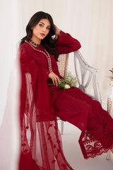 Pakistani Deep Red Embroidered Korean Raw Silk Salwar Kameez (3-Piece) - Image 6
