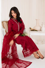 Pakistani Deep Red Embroidered Korean Raw Silk Salwar Kameez (3-Piece) - Image 7