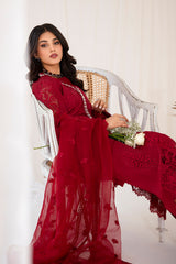 Pakistani Deep Red Embroidered Korean Raw Silk Salwar Kameez (3-Piece) - Image 8