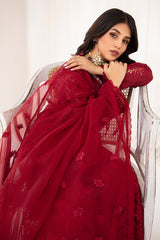 Pakistani Deep Red Embroidered Korean Raw Silk Salwar Kameez (3-Piece) - Image 9