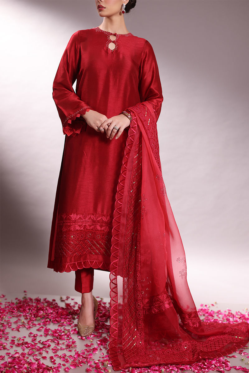 Pakistani Red Embroidered Korean Raw Silk Salwar Kameez (3-Piece) - Image 1