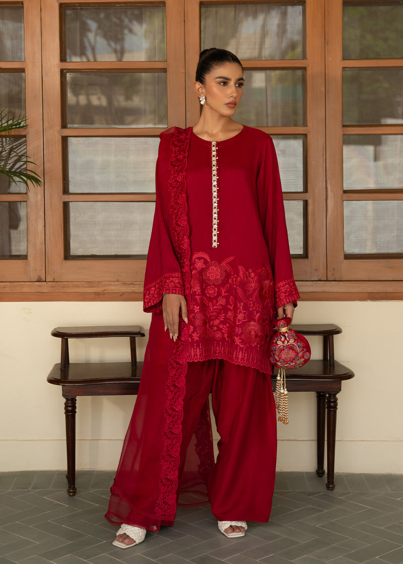 Red Embroidered Korean Raw Silk Salwar Kameez (3-Piece) - Image 1