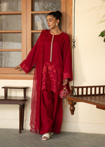 Red Embroidered Korean Raw Silk Salwar Kameez (3-Piece) - Image 3