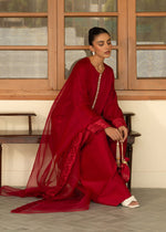Red Embroidered Korean Raw Silk Salwar Kameez (3-Piece) - Image 4