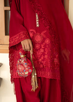 Red Embroidered Korean Raw Silk Salwar Kameez (3-Piece) - Image 7