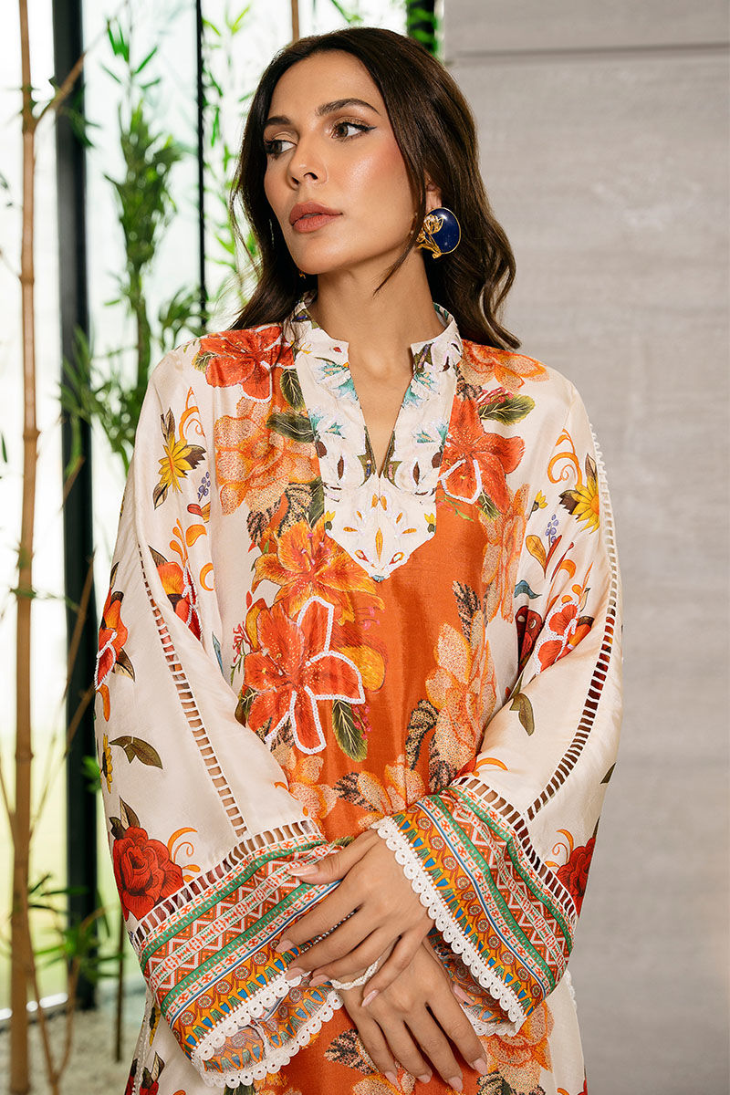 Cherry Red Floral Printed Pure Raw Silk Long Shirt (2-Piece) - Image 3